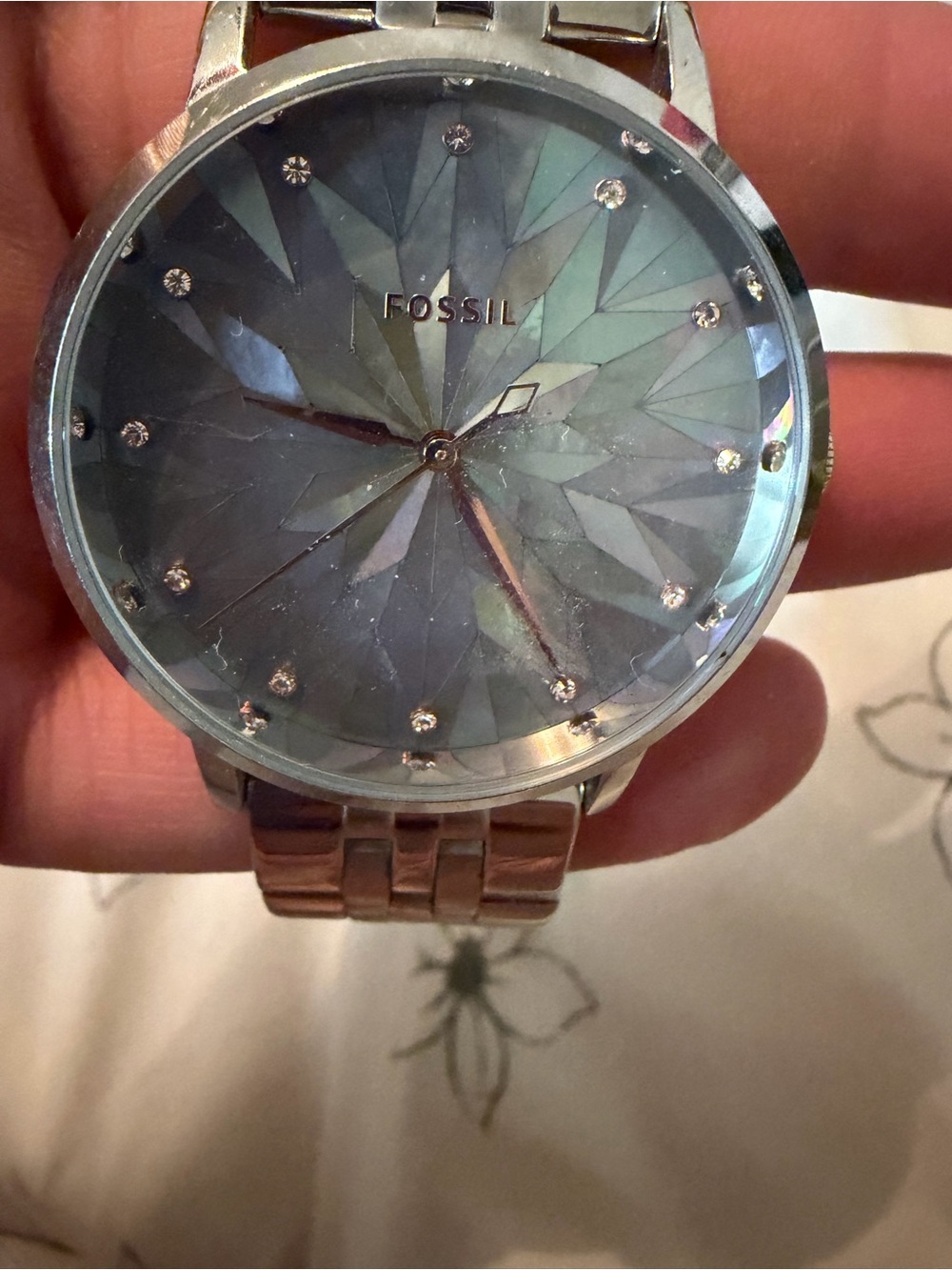 Fossil Silver Watch with Iridescent Blue-Green Faceted Dial